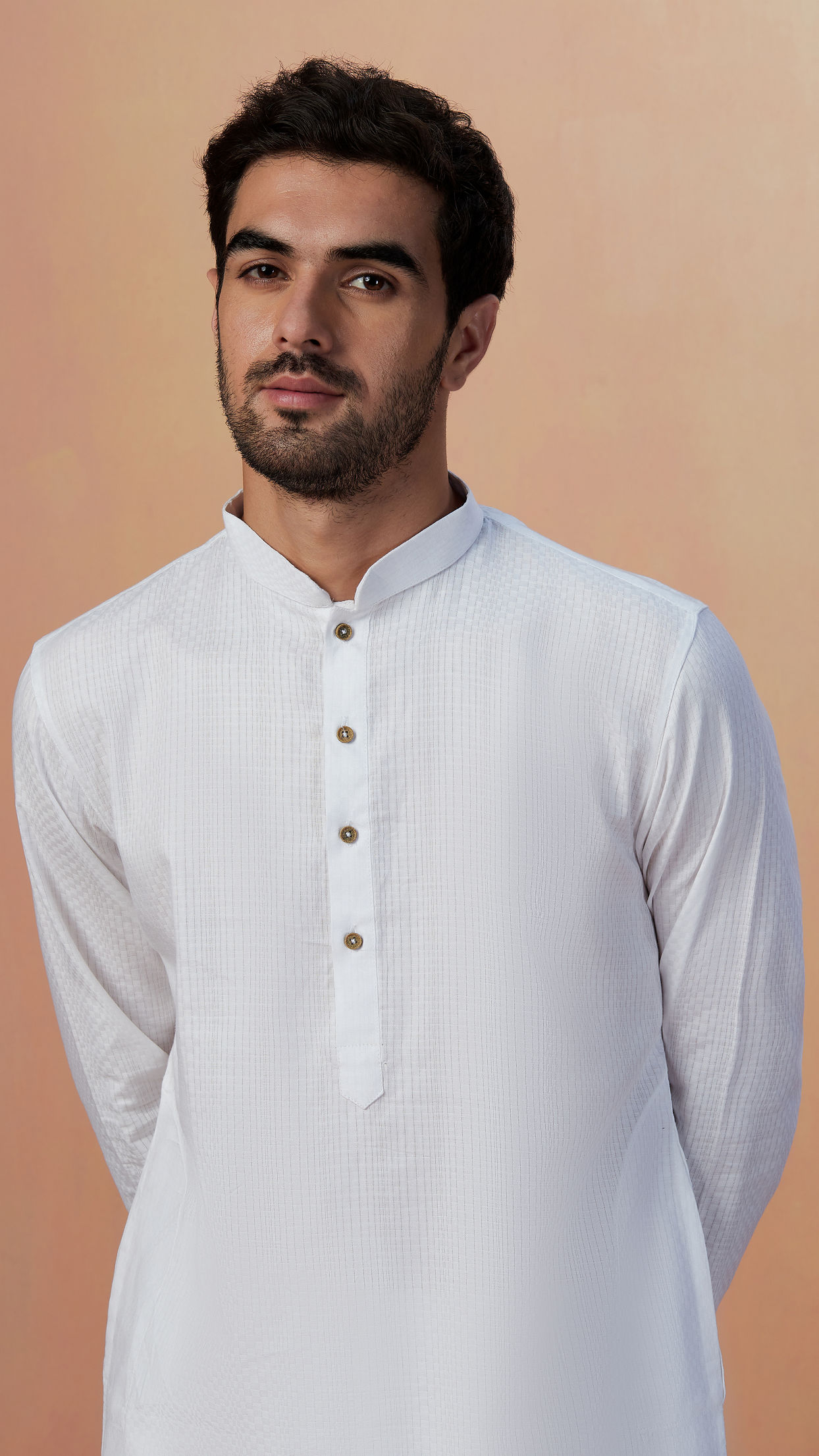 Manyavar Men White Self Striped Kurta Pajama
