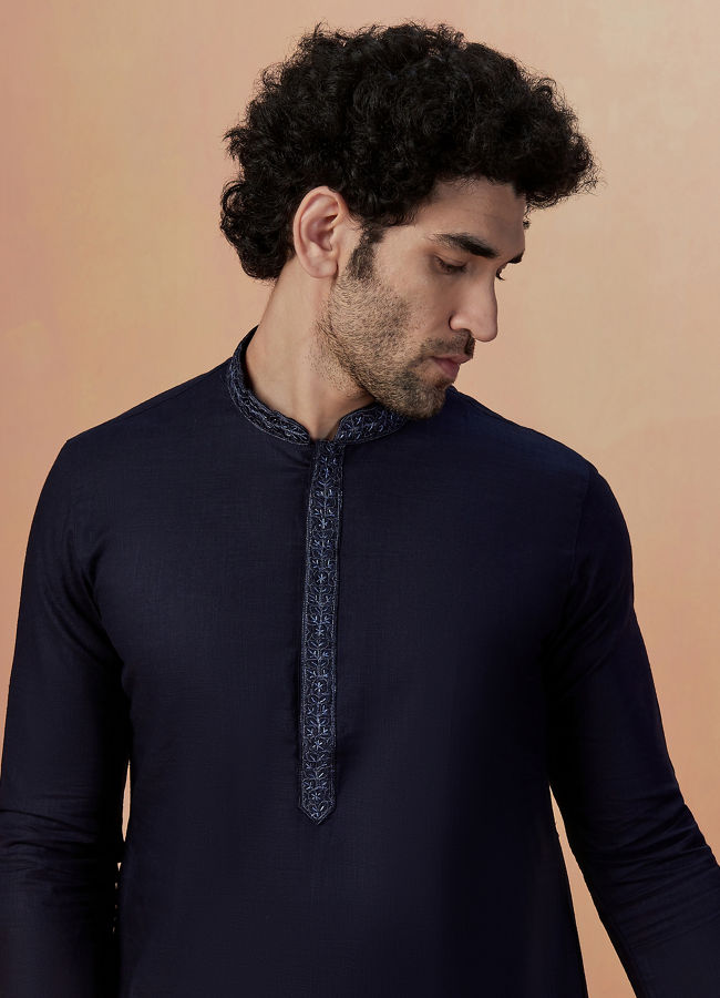 Manyavar Men Dark Naby Blue Plain Kurta Pajama