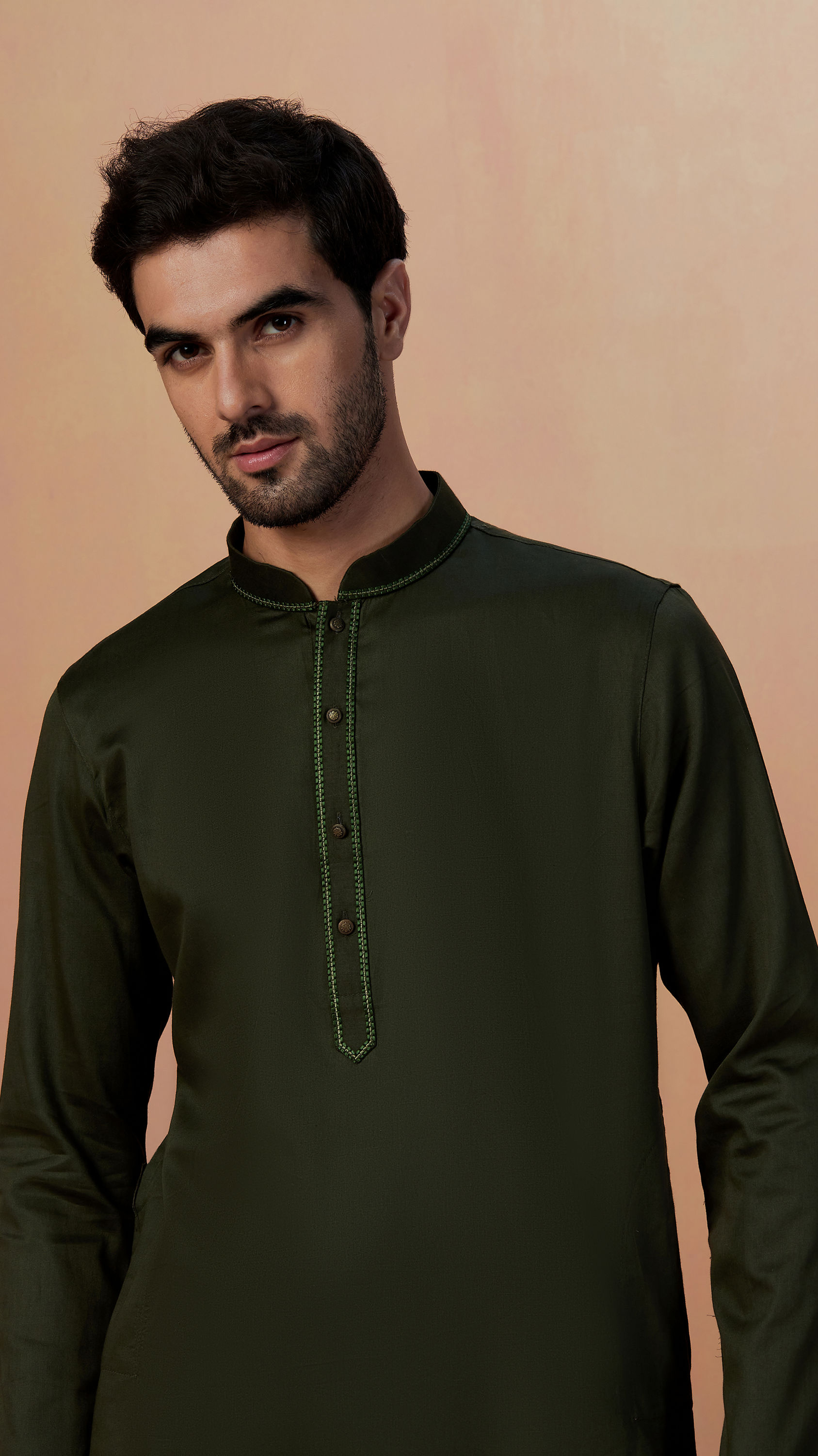 Manyavar Men Olive Green Plain Kurta Pajama