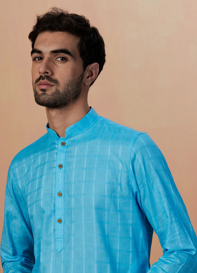 Manyavar Men Sky Blue Self Chequered Kurta Pajama image number 0