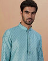 alt message - Manyavar Men Sea Green Kurta Pajama With Golden Motifs image number 0