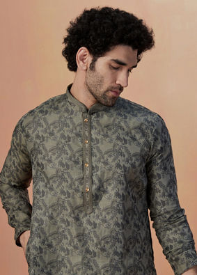 alt message - Manyavar Men Smoke Grey Printed Kurta Pajama image number 0