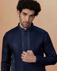 Manyavar Men Navy Blue Self Booti Kurta Pajama