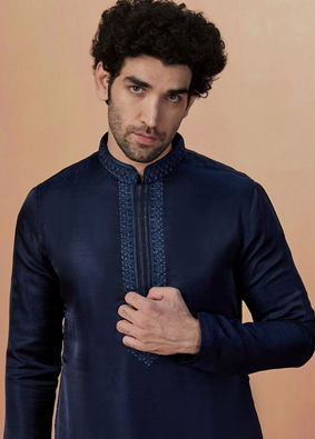 Manyavar Men Navy Blue Self Booti Kurta Pajama image number 0