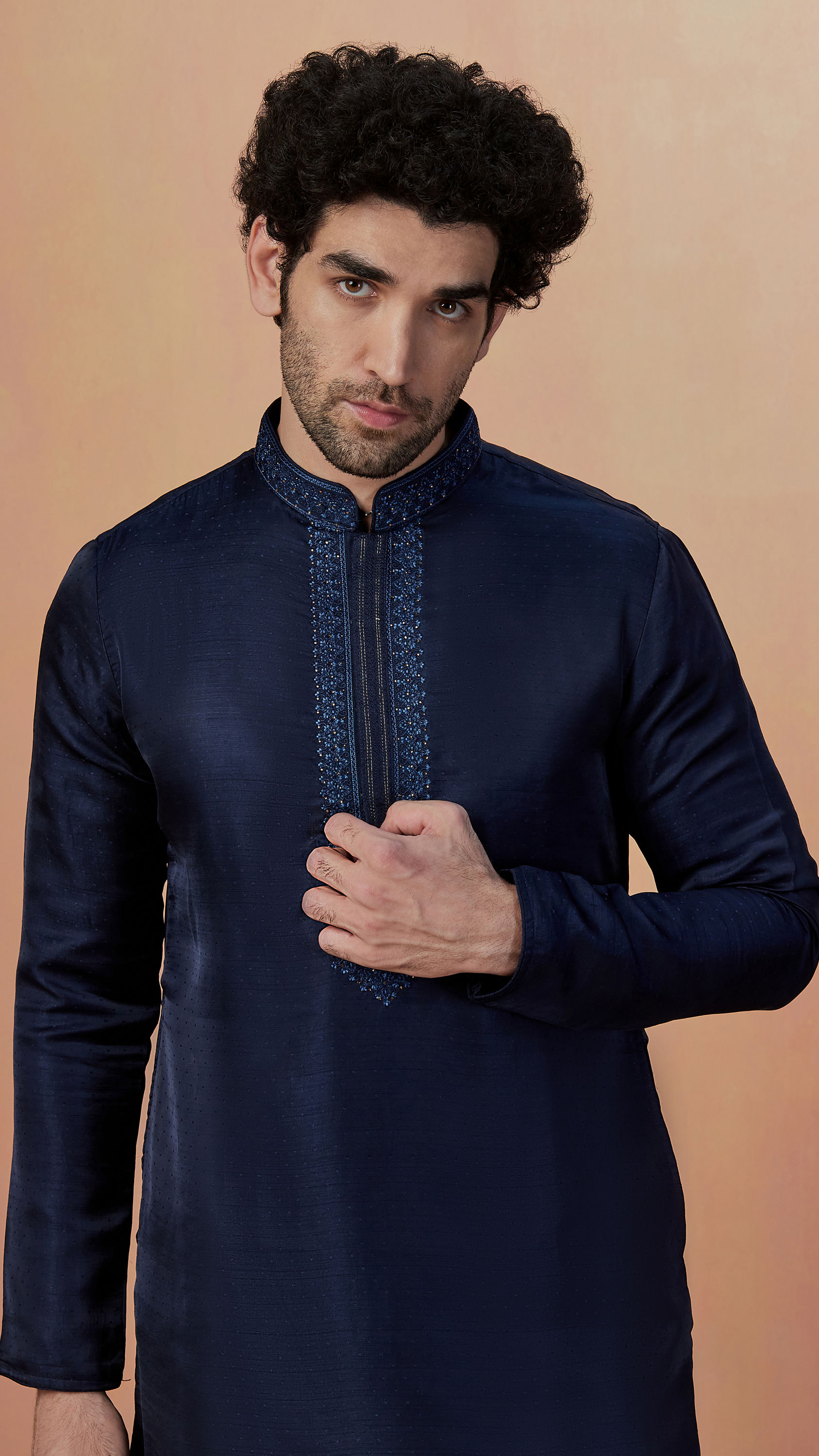 Manyavar Men Navy Blue Self Booti Kurta Pajama