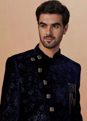 alt message - Manyavar Men Blue Floral Bandhgala Indo Western image number 0