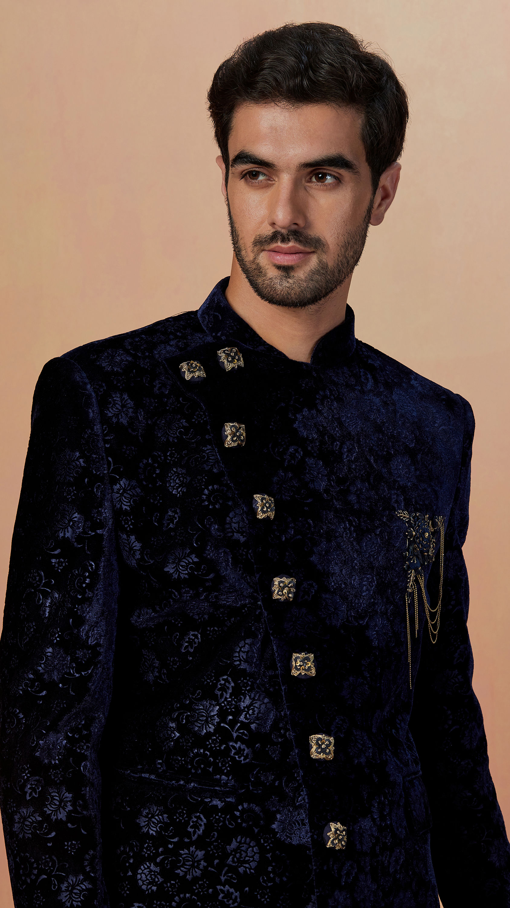 Manyavar Men Blue Floral Bandhgala Indo Western