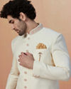 alt message - Manyavar Men Sea Shell White Self Design Indo Western image number 0