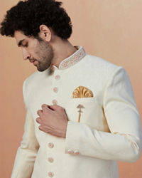 Manyavar Men Sea Shell White Self Design Indo Western