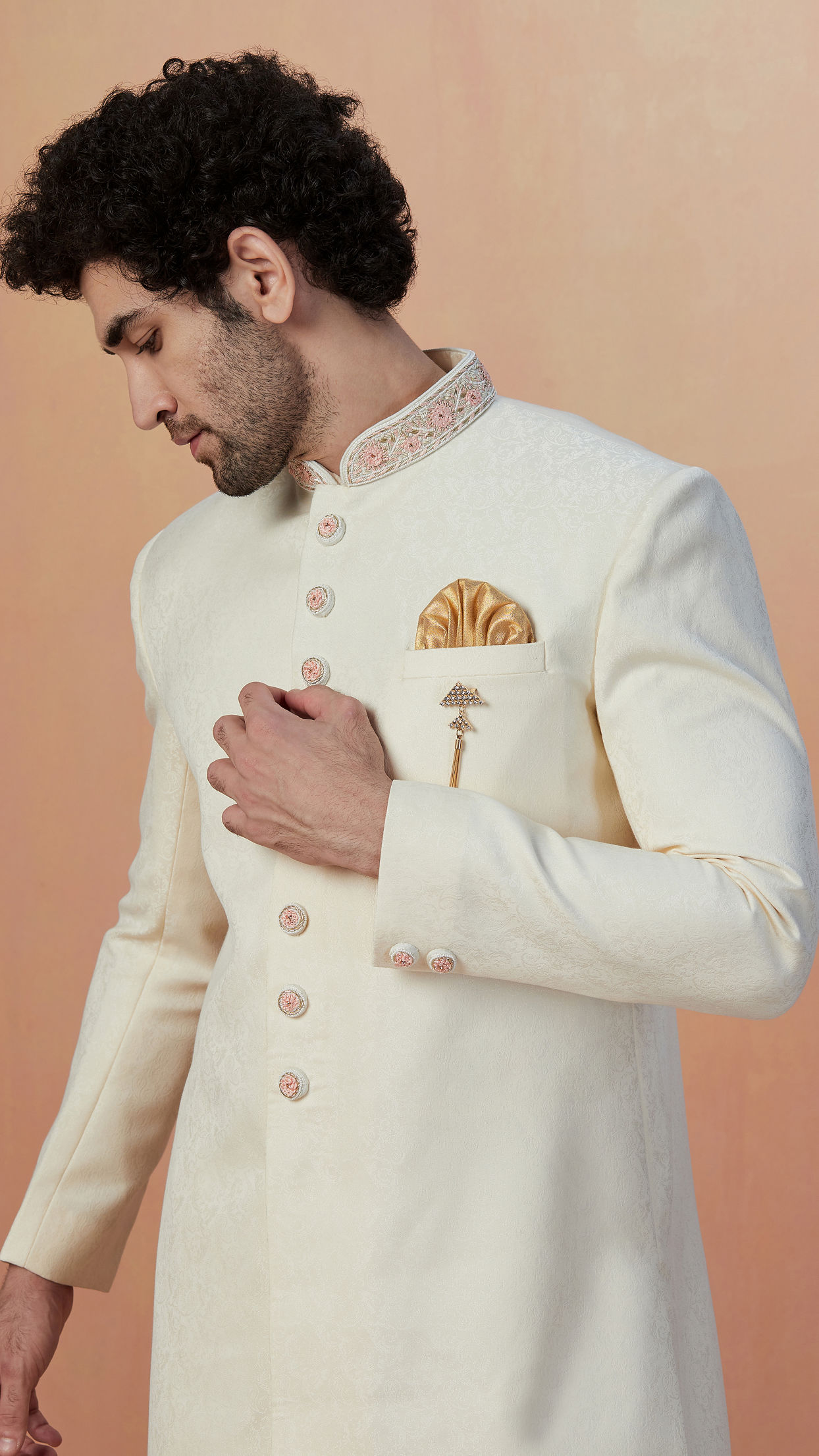 alt message - Manyavar Men Sea Shell White Self Design Indo Western image number 0