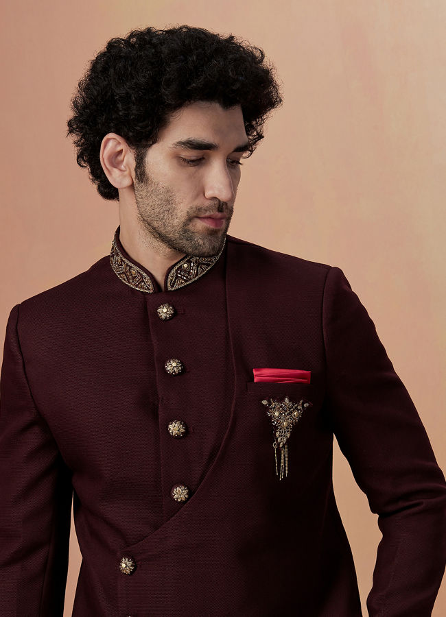 Manyavar Men Wine Self Design Bandhagala Indo Western