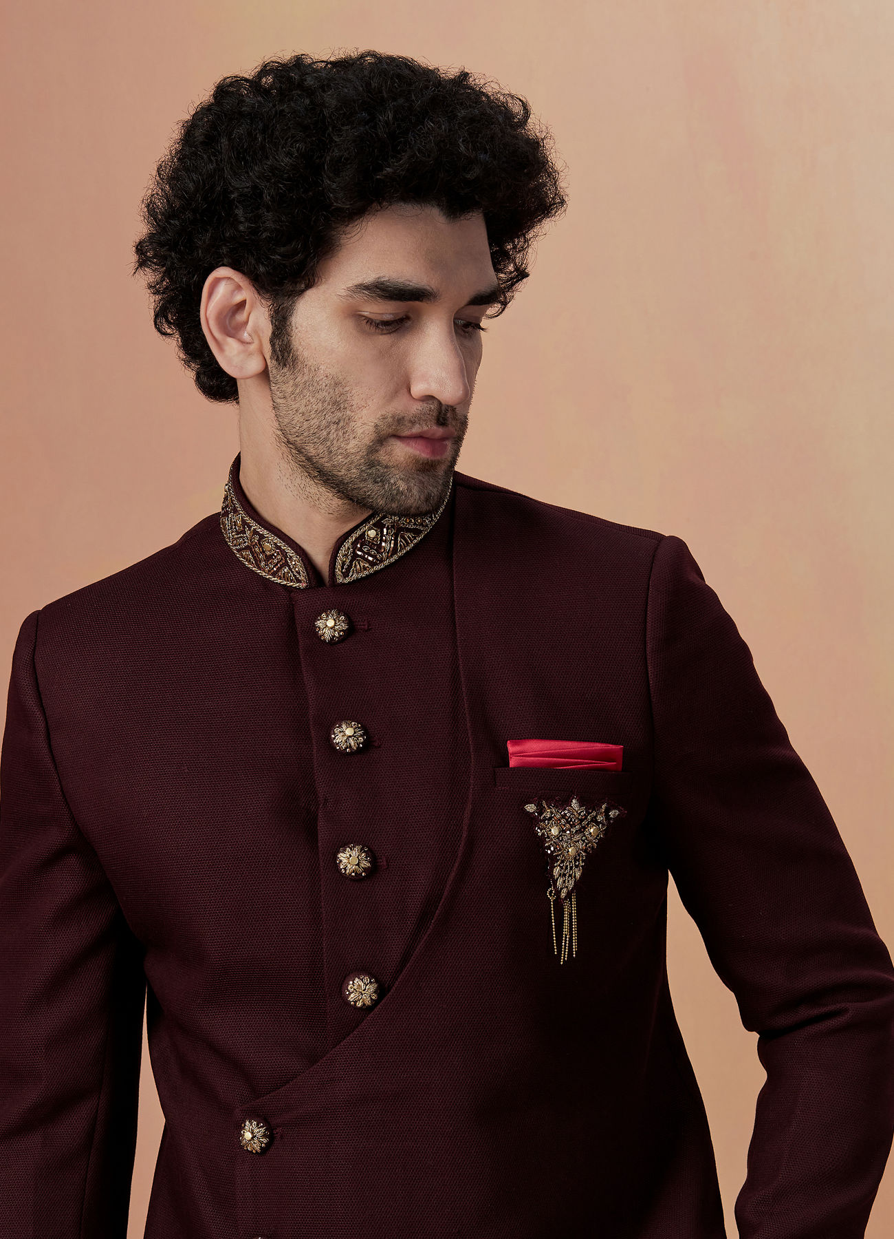 Manyavar Men Maroon Self Design Bandhagala Indo Western