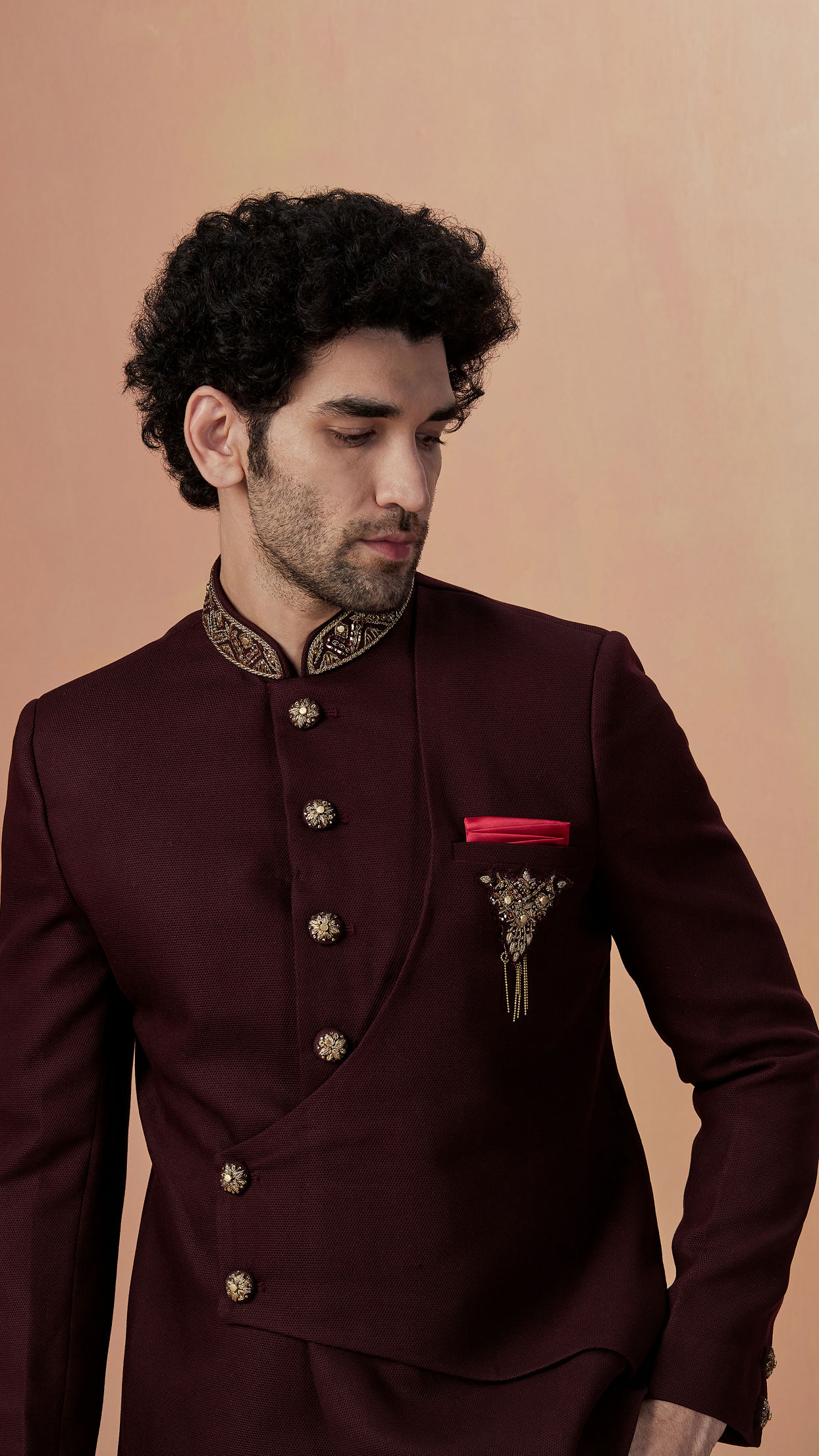 Manyavar Men Wine Self Design Bandhagala Indo Western