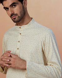 Manyavar Men Cream Floral Printed Short Kurta