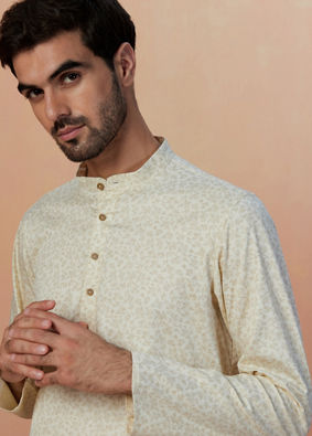 Manyavar Men Cream Floral Printed Short Kurta image number 0