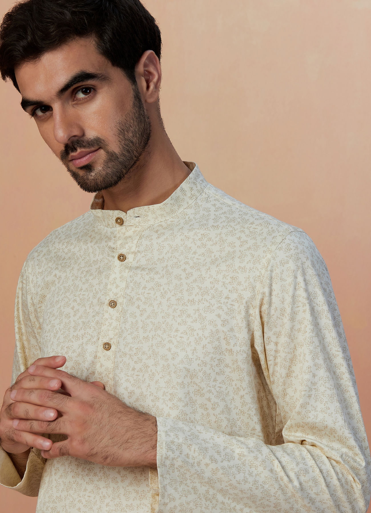 Manyavar Men Cream Floral Printed Short Kurta