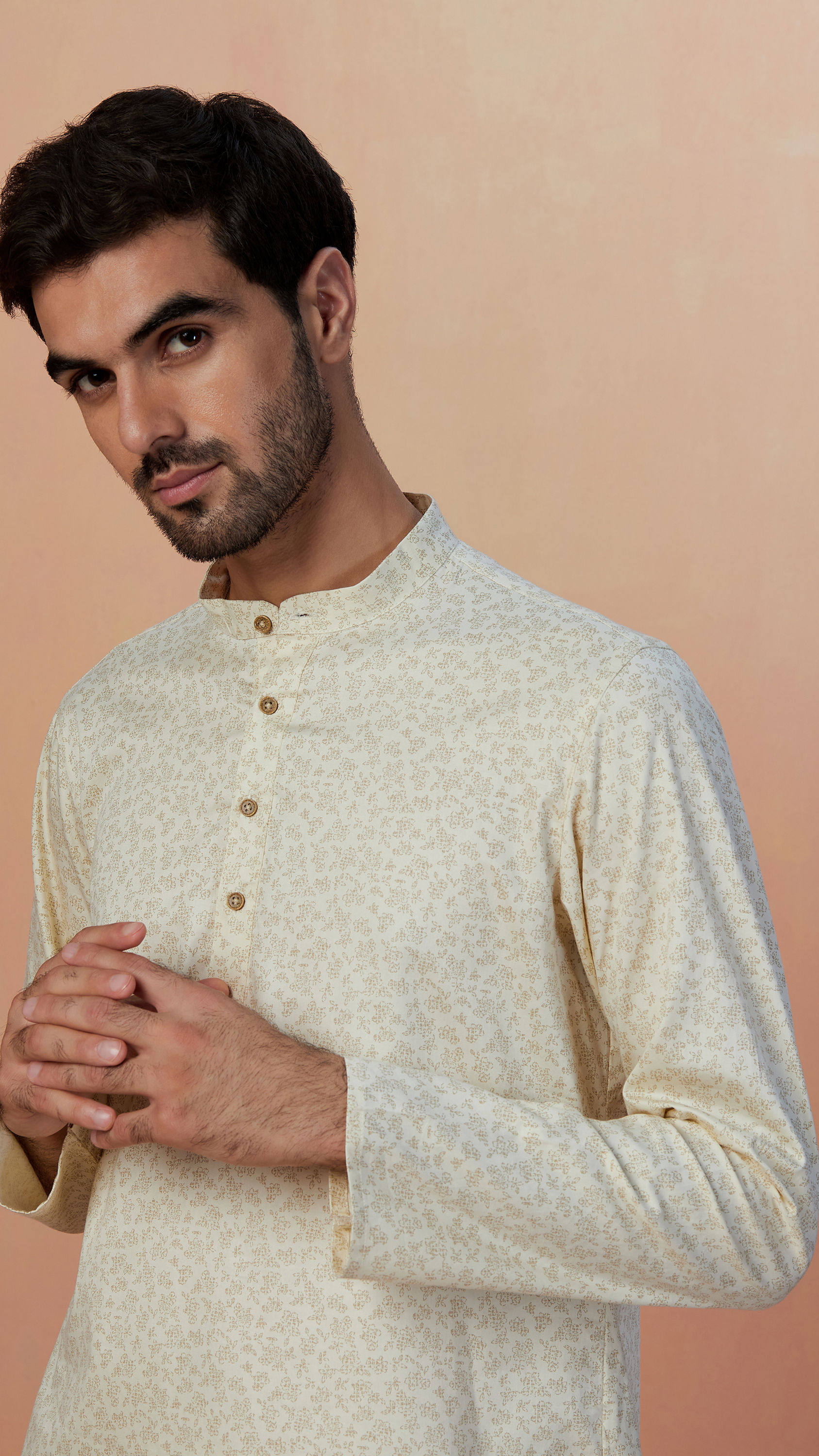 Manyavar Men Cream Floral Printed Short Kurta