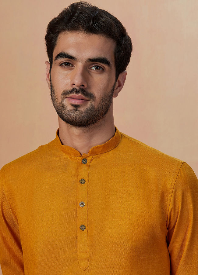 alt message - Manyavar Men Mustard Yellow Plain Short Kurta image number 0