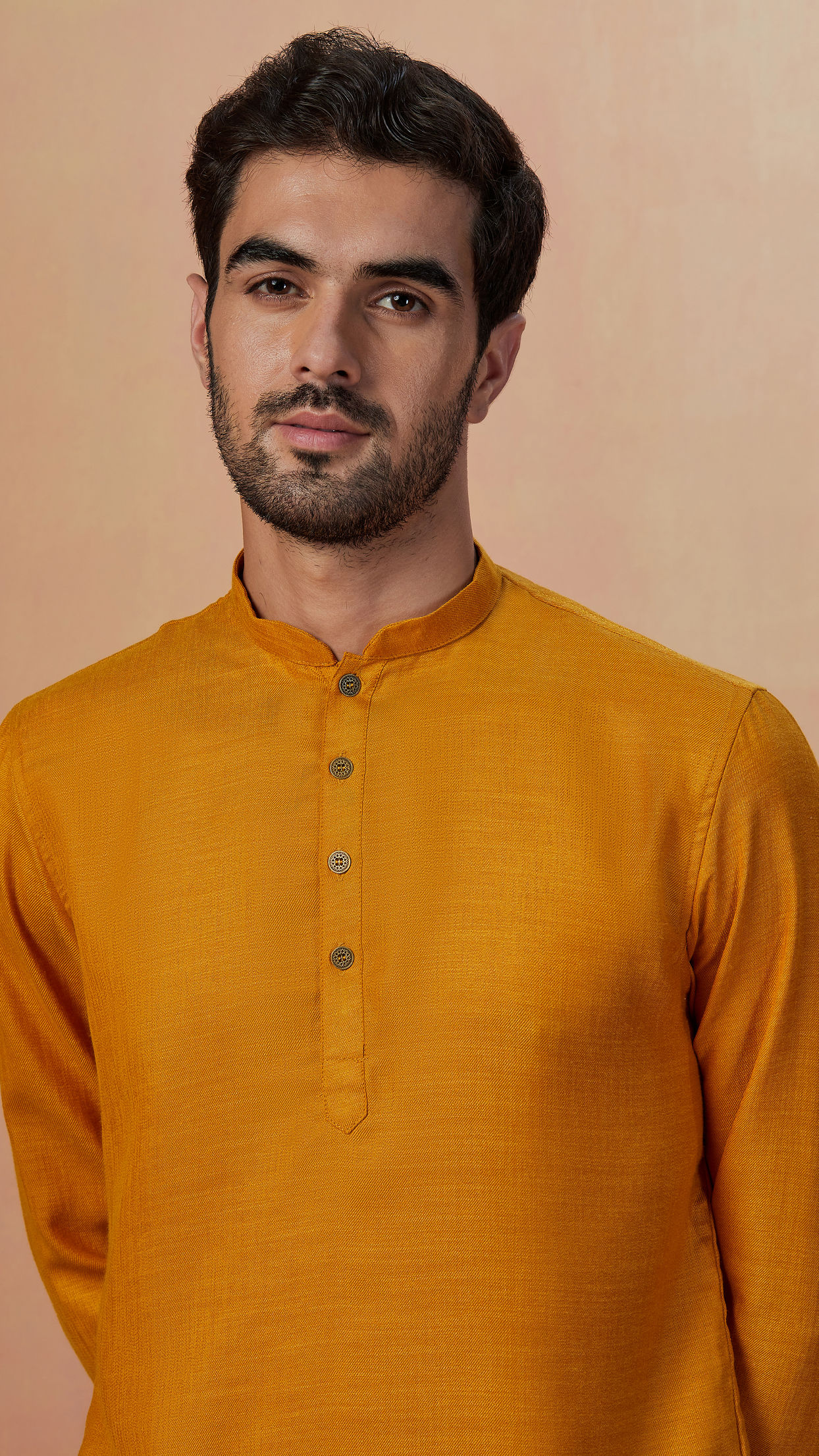 alt message - Manyavar Men Mustard Yellow Plain Short Kurta image number 0