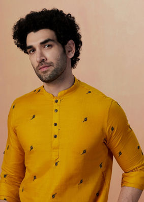 alt message - Manyavar Men Mustard Yellow Embroidered Short Kurta image number 0