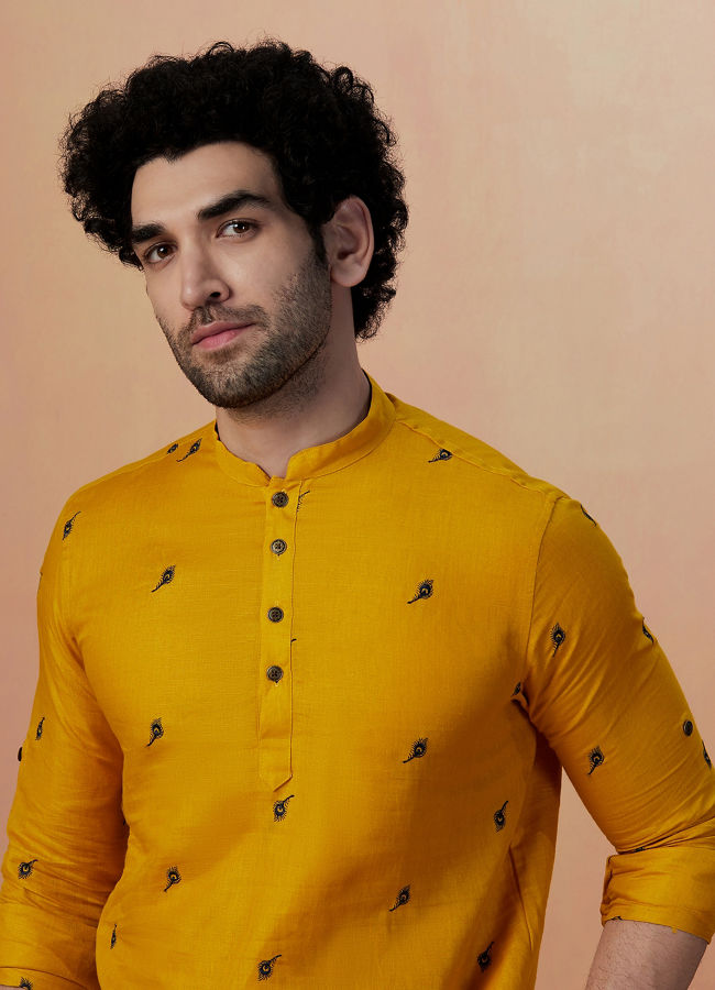 Manyavar Men Mustard Yellow Embroidered Short Kurta