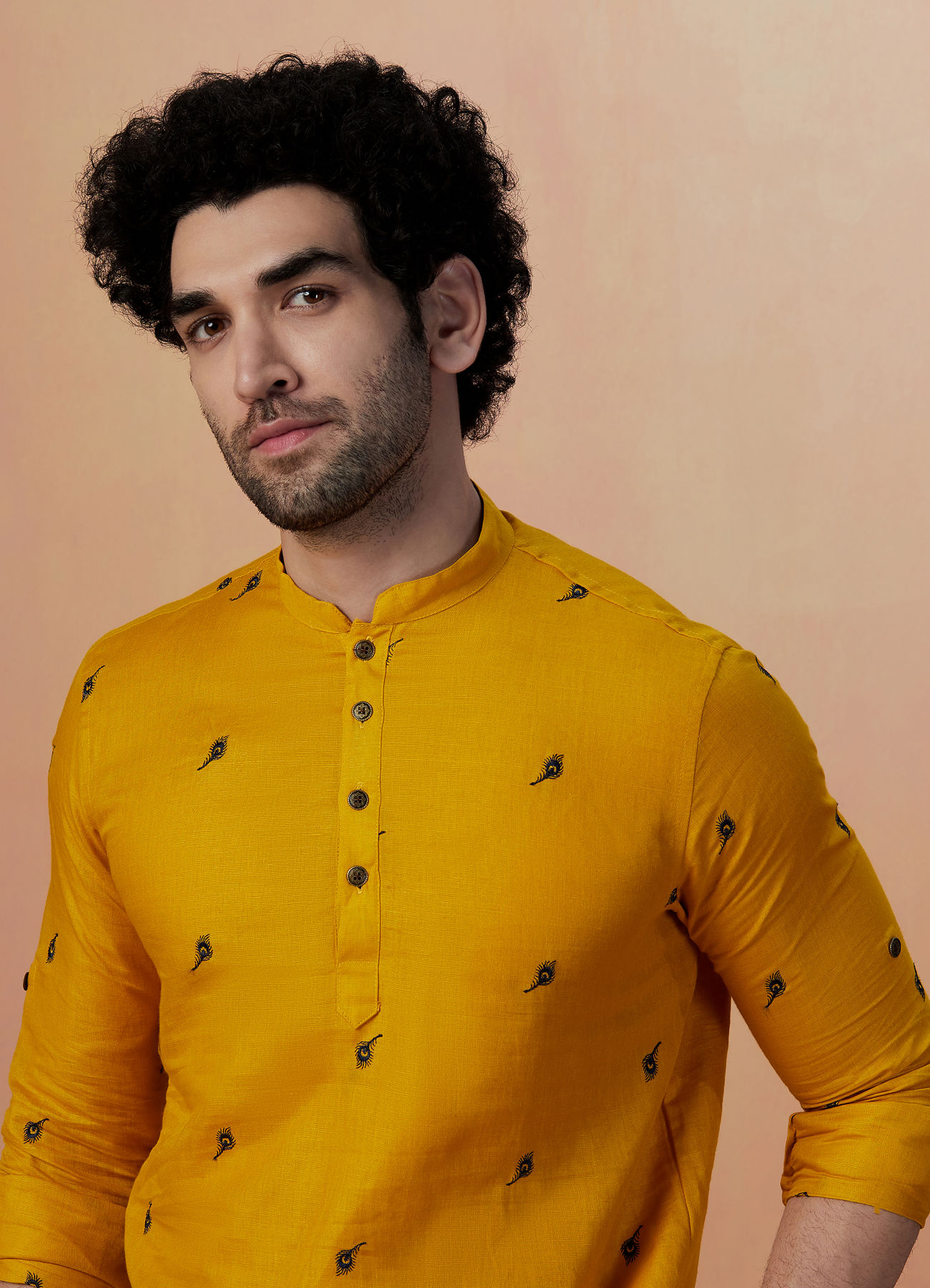 Manyavar Men Mustard Yellow Embroidered Short Kurta