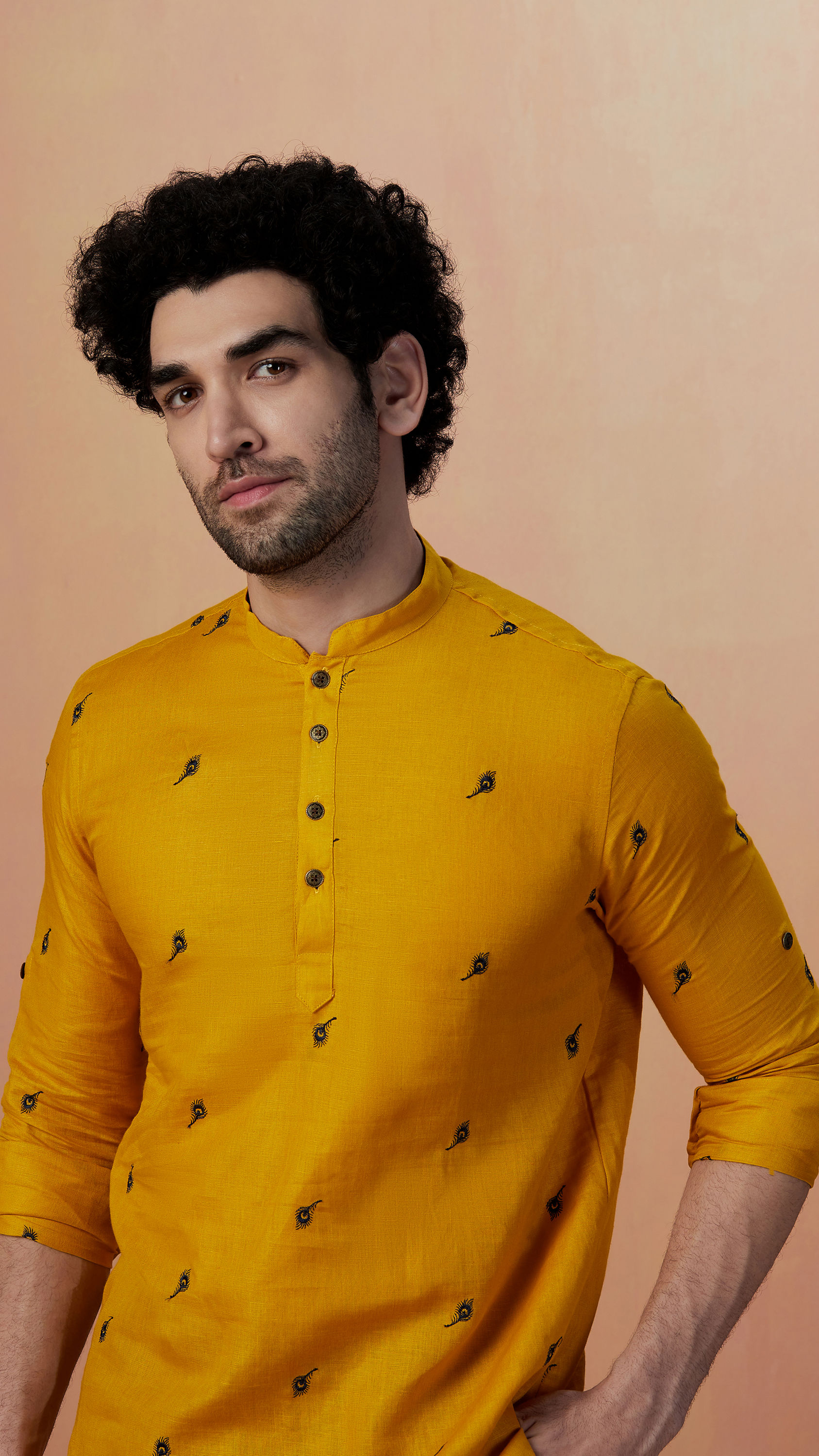 Manyavar Men Mustard Yellow Embroidered Short Kurta