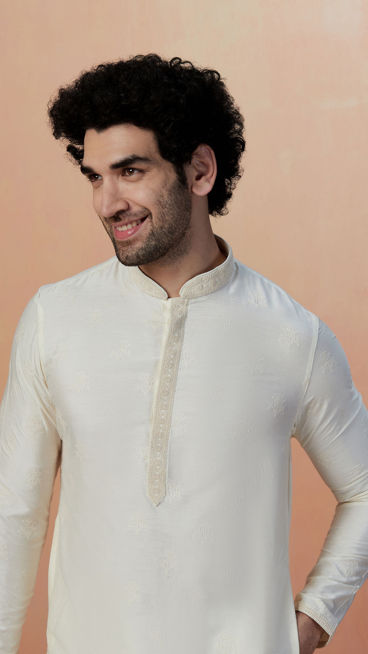 Men Orange & White Self Design Kurta Only