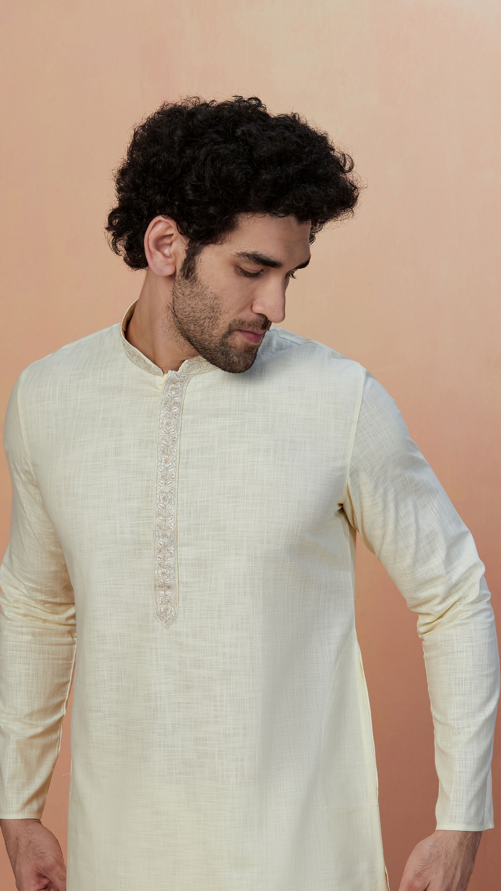 Manyavar Men Light Cream Plain Kurta Pajama