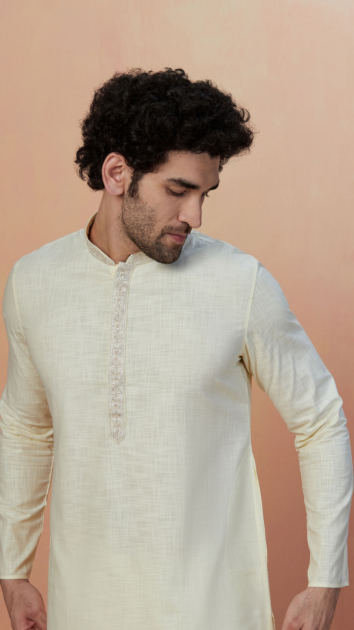 alt message - Manyavar Men Light Cream Plain Kurta Pajama image number 0