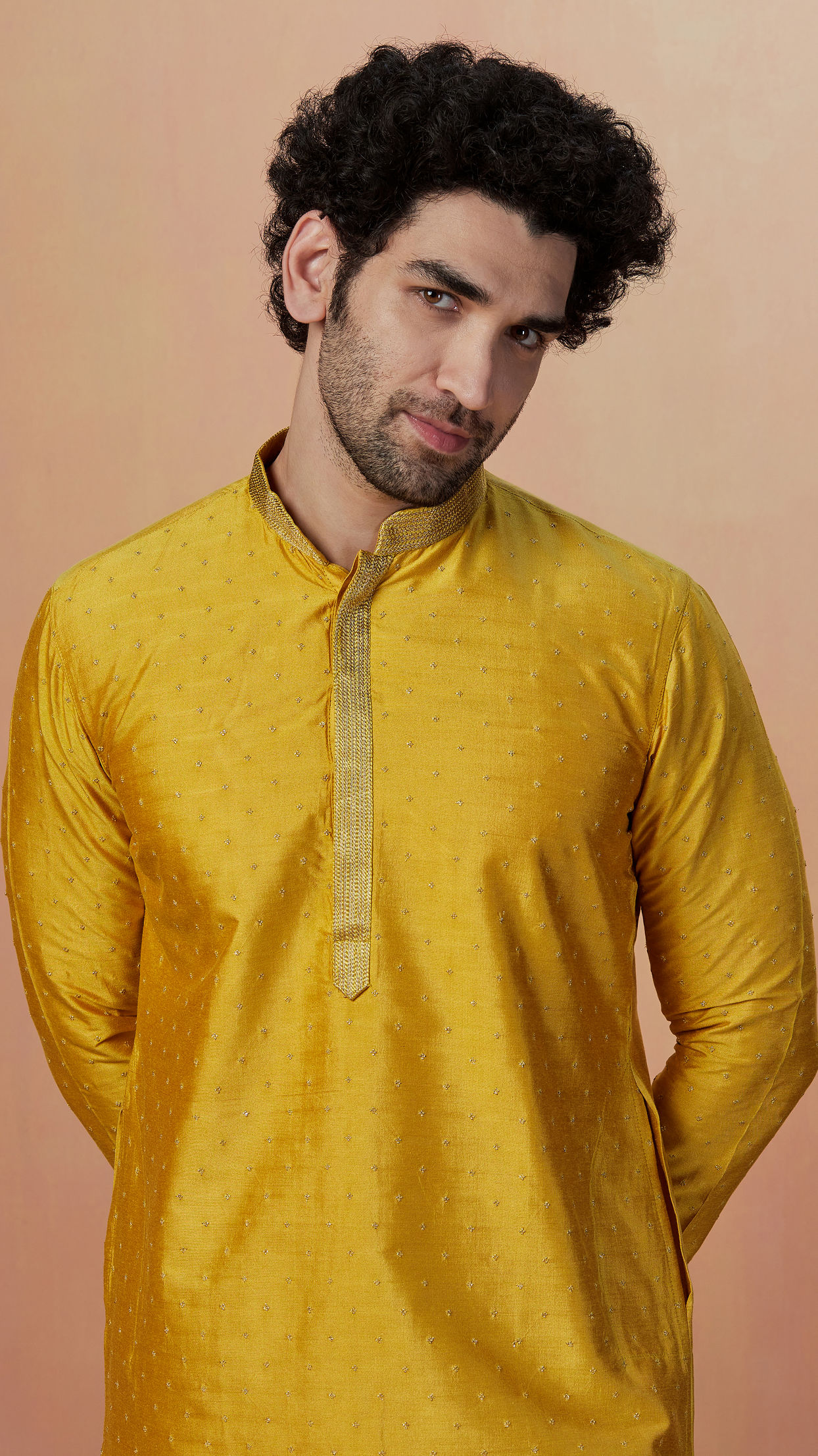 alt message - Manyavar Men Golden Embellished Kurta Pajama image number 0