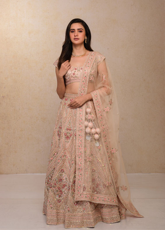 Mohey Women Blush Pink Embellished Bridal Lehenga