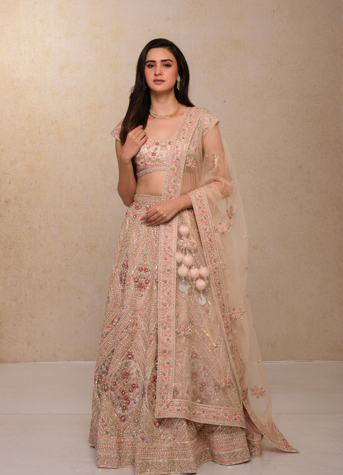 Mohey Women Blush Pink Embellished Bridal Lehenga