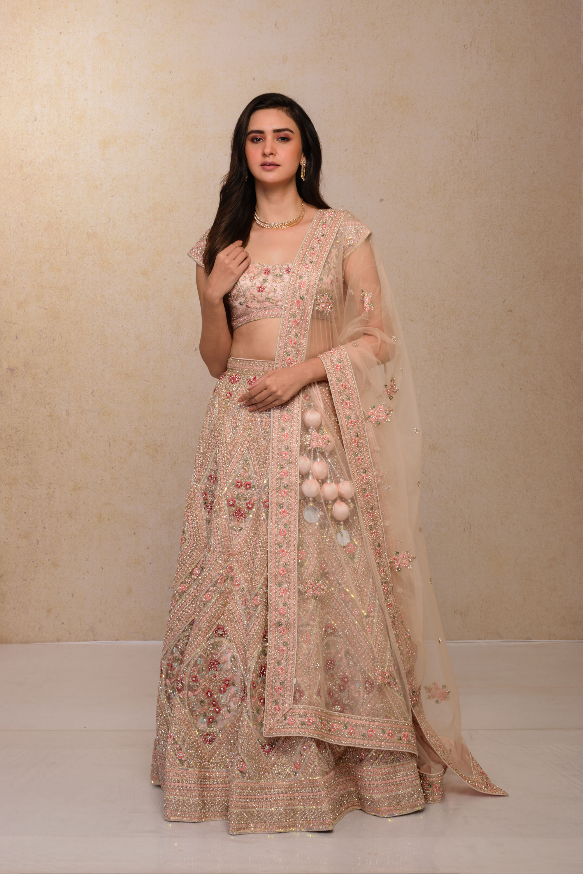 Mohey Women Blush Pink Embellished Bridal Lehenga