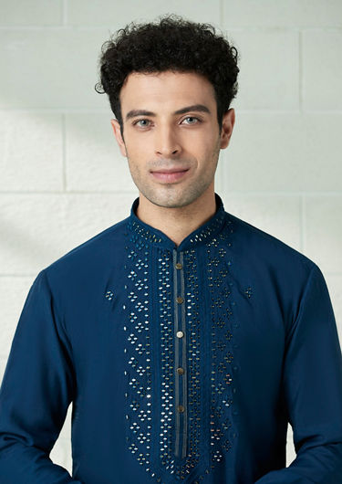 alt message - Twamev Men Prussian Blue Mirror Work Kurta Set image number 0