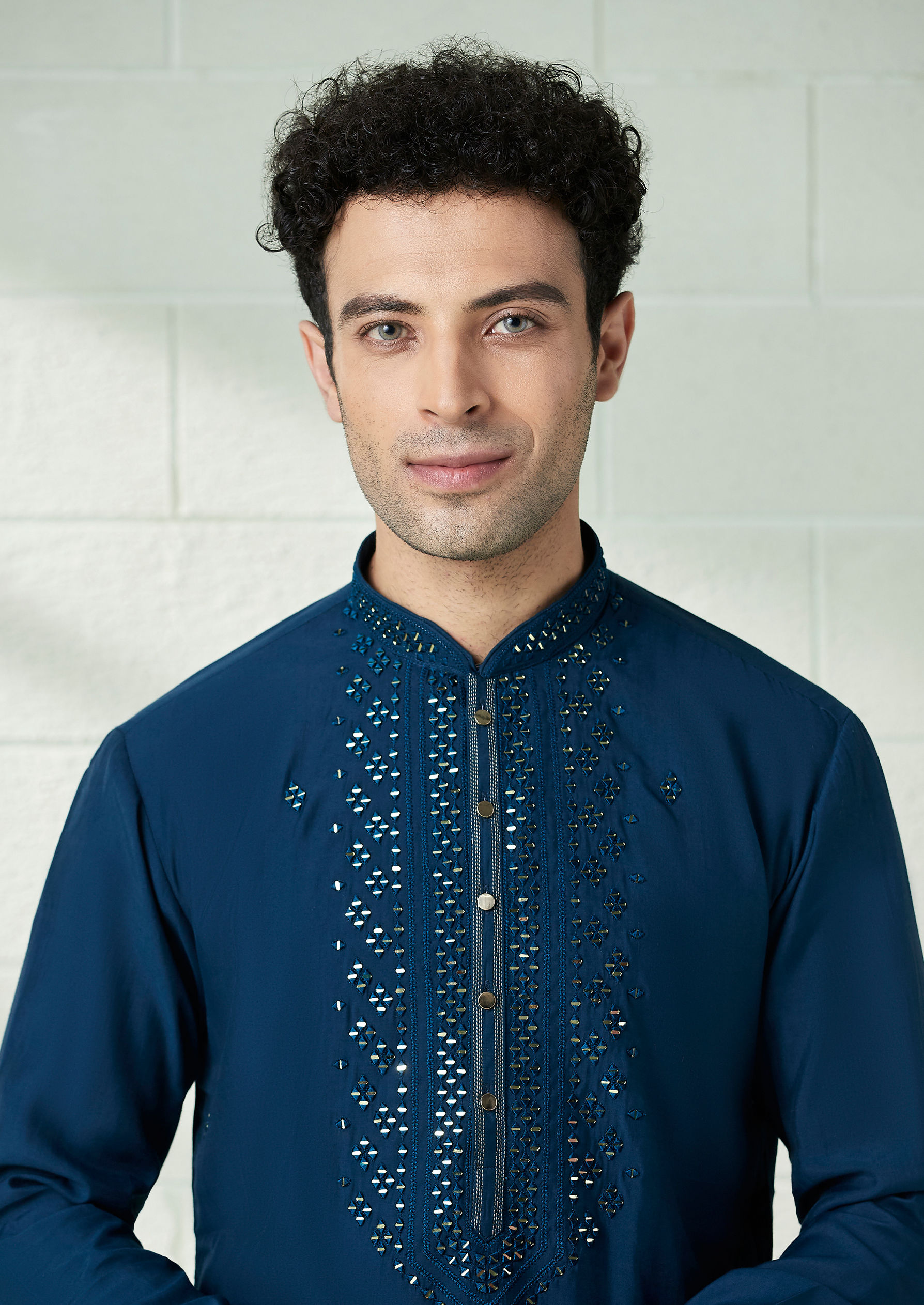 Twamev Men Prussian Blue Mirror Work Kurta Set