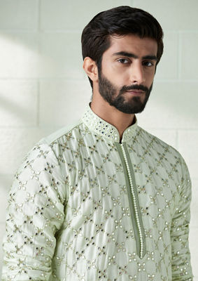 alt message - Twamev Men Mint Green Mirror Work Kurta Set image number 0