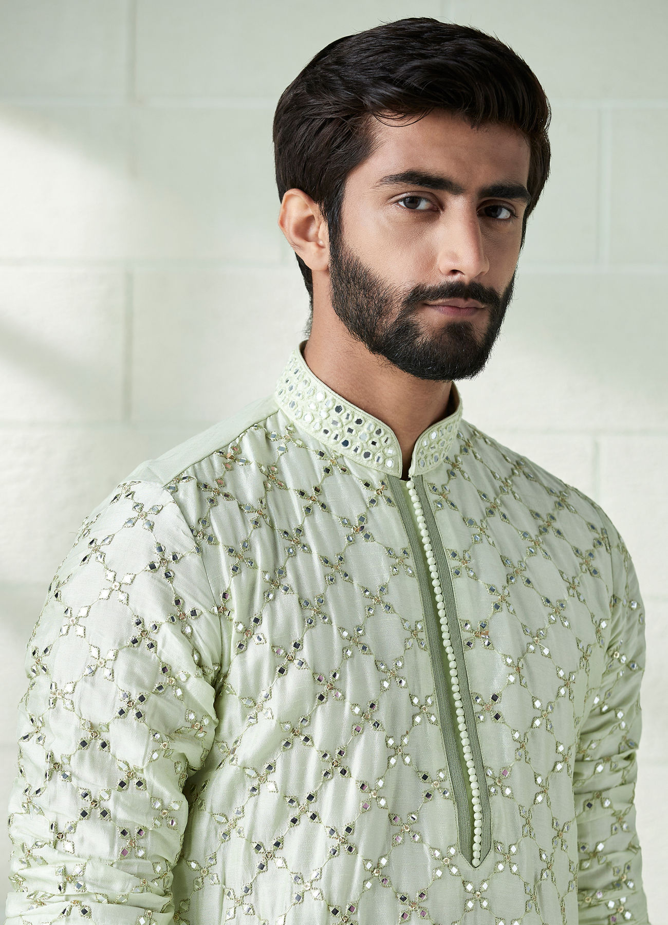 Twamev Men Mint Green Mirror Work Kurta Set