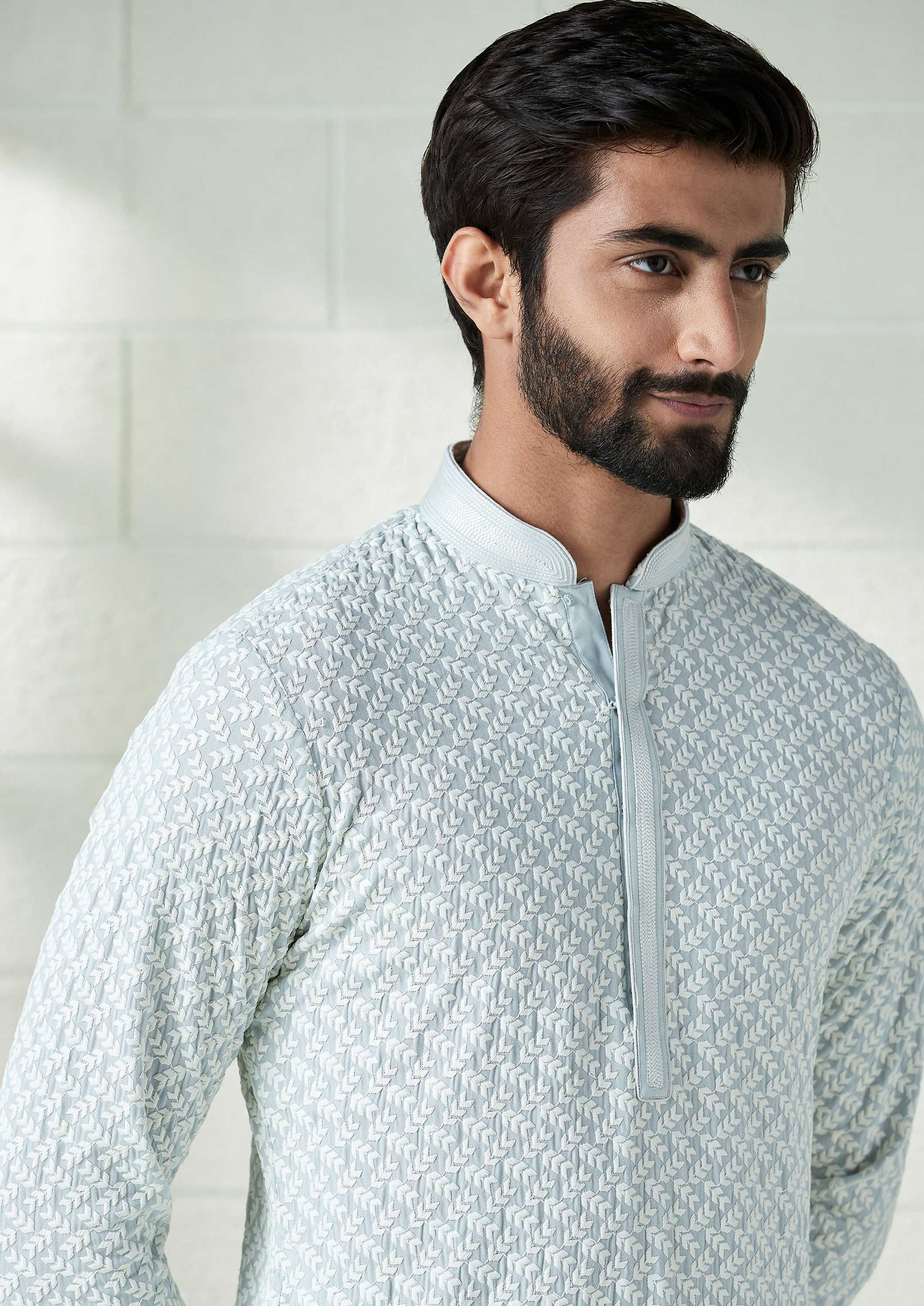 Twamev Men Ice Blue Chikankari Embroidered Kurta Set