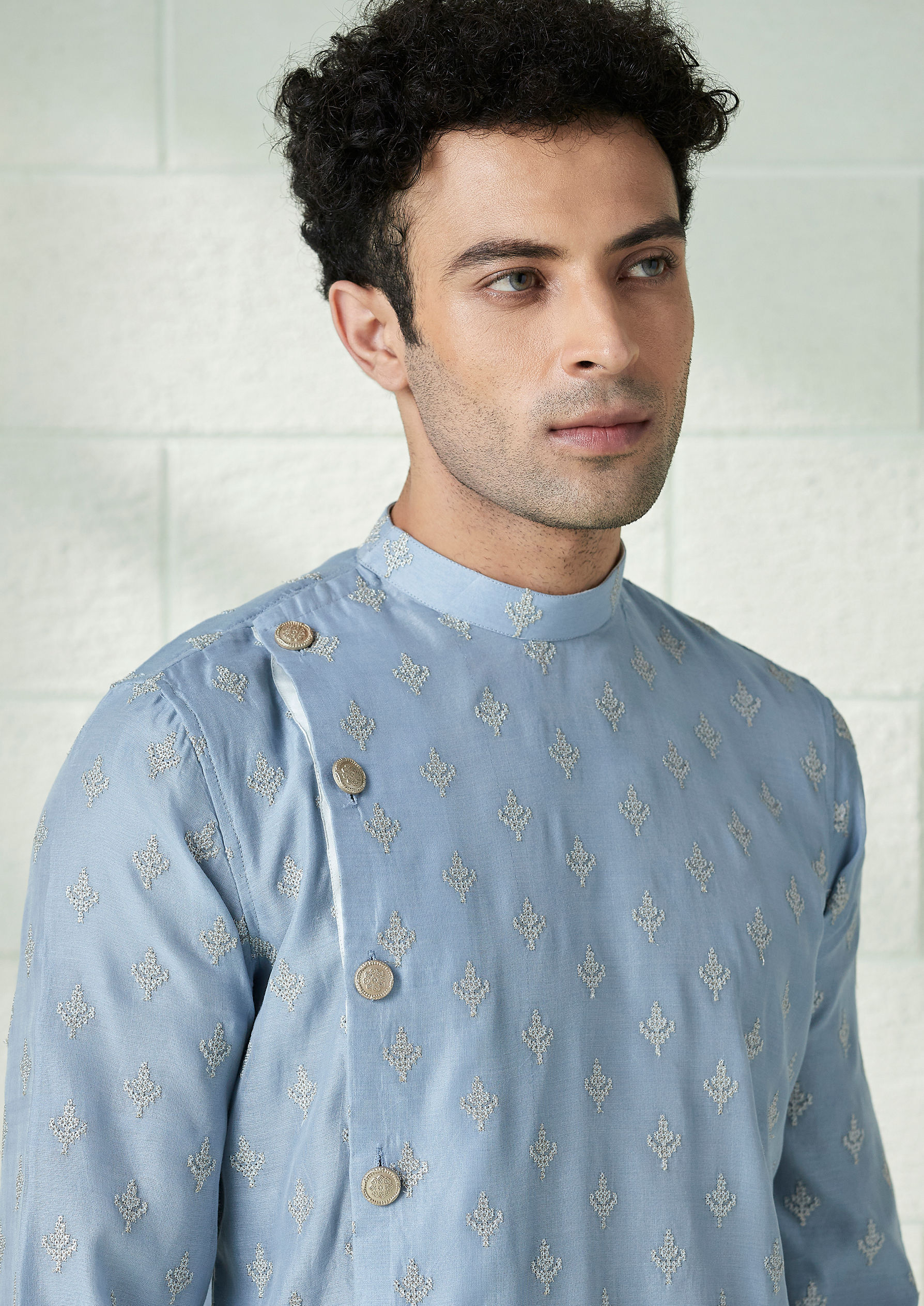 Twamev Men Frost Blue Angrakha Style Kurta Set image number 0