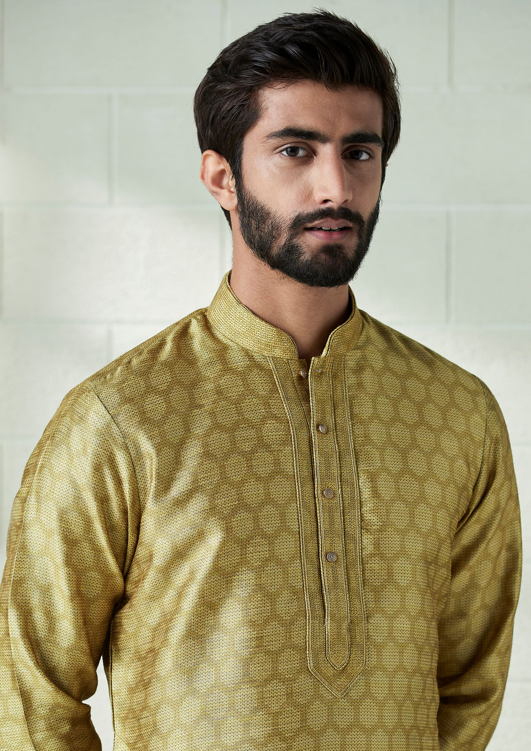 Twamev Men Amber Gold Honeycomb Print Kurta Set