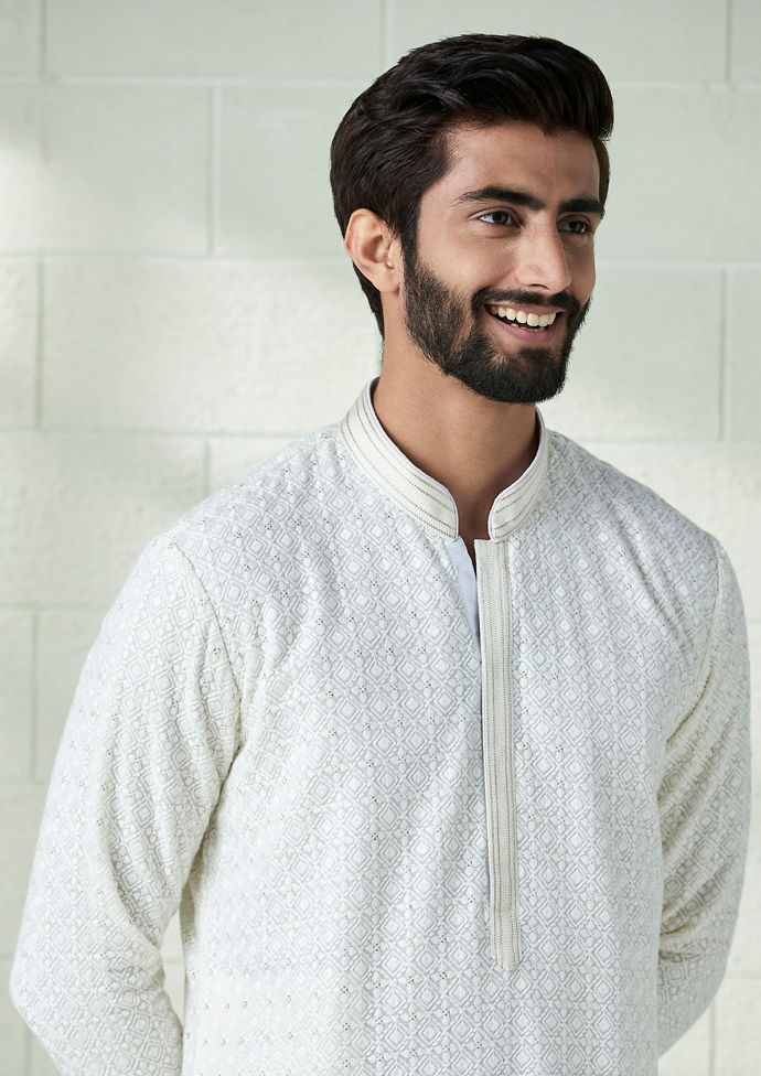 Twamev Men Daisy White Chikankari Kurta Set