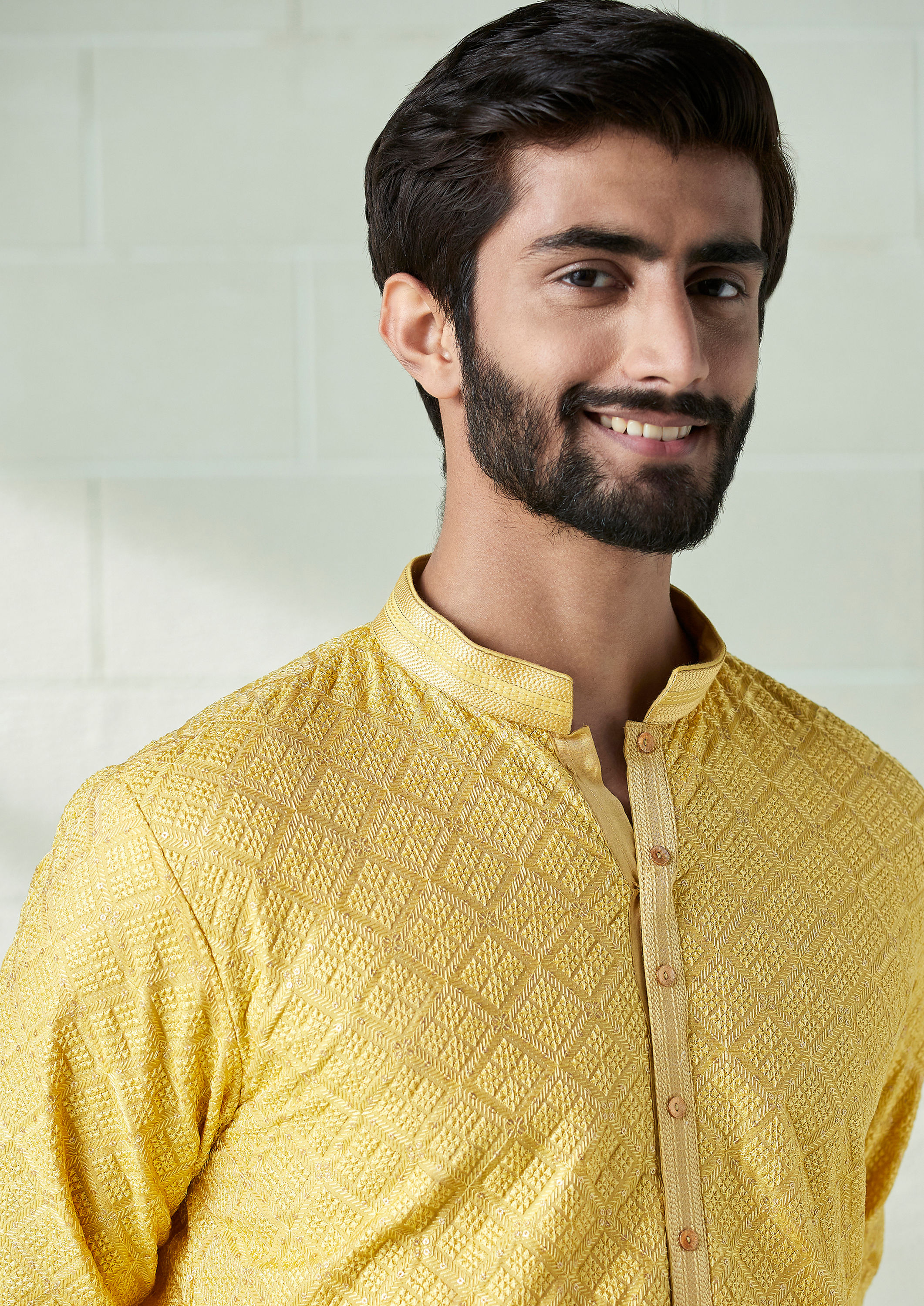 Twamev Men Daffodil Yellow Patterned Kurta Set