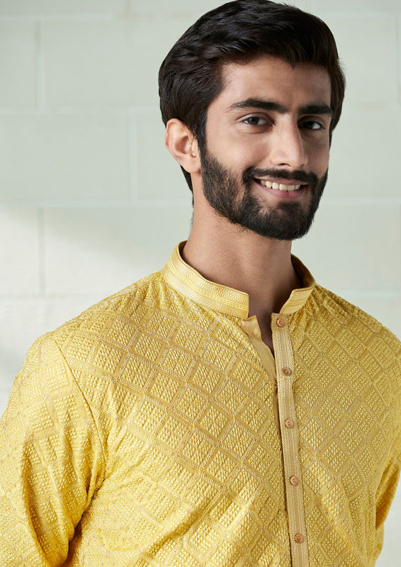 Twamev Men Daffodil Yellow Patterned Kurta Set