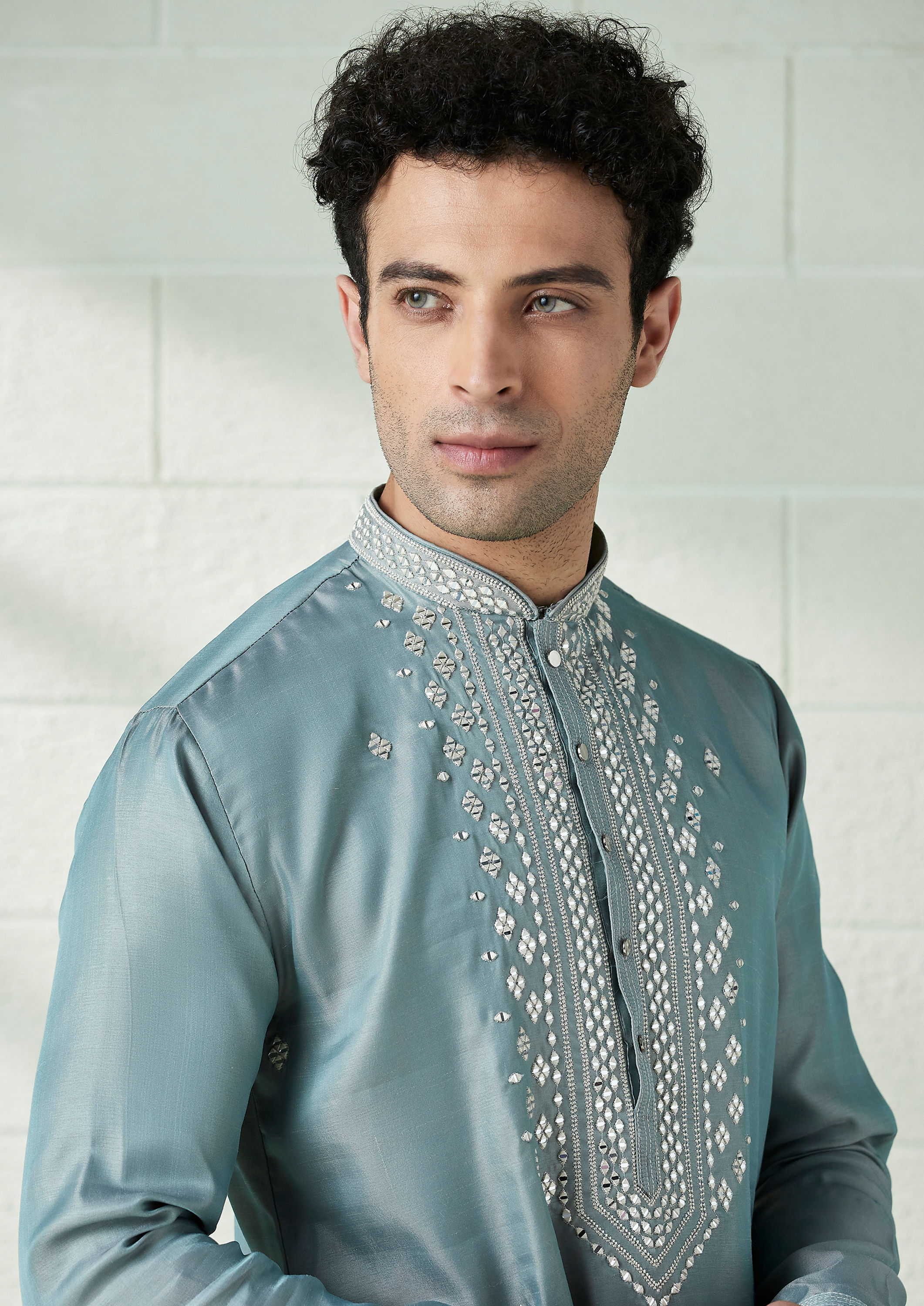 Twamev Men Eggshell Blue Mirror Embellished Kurta Set