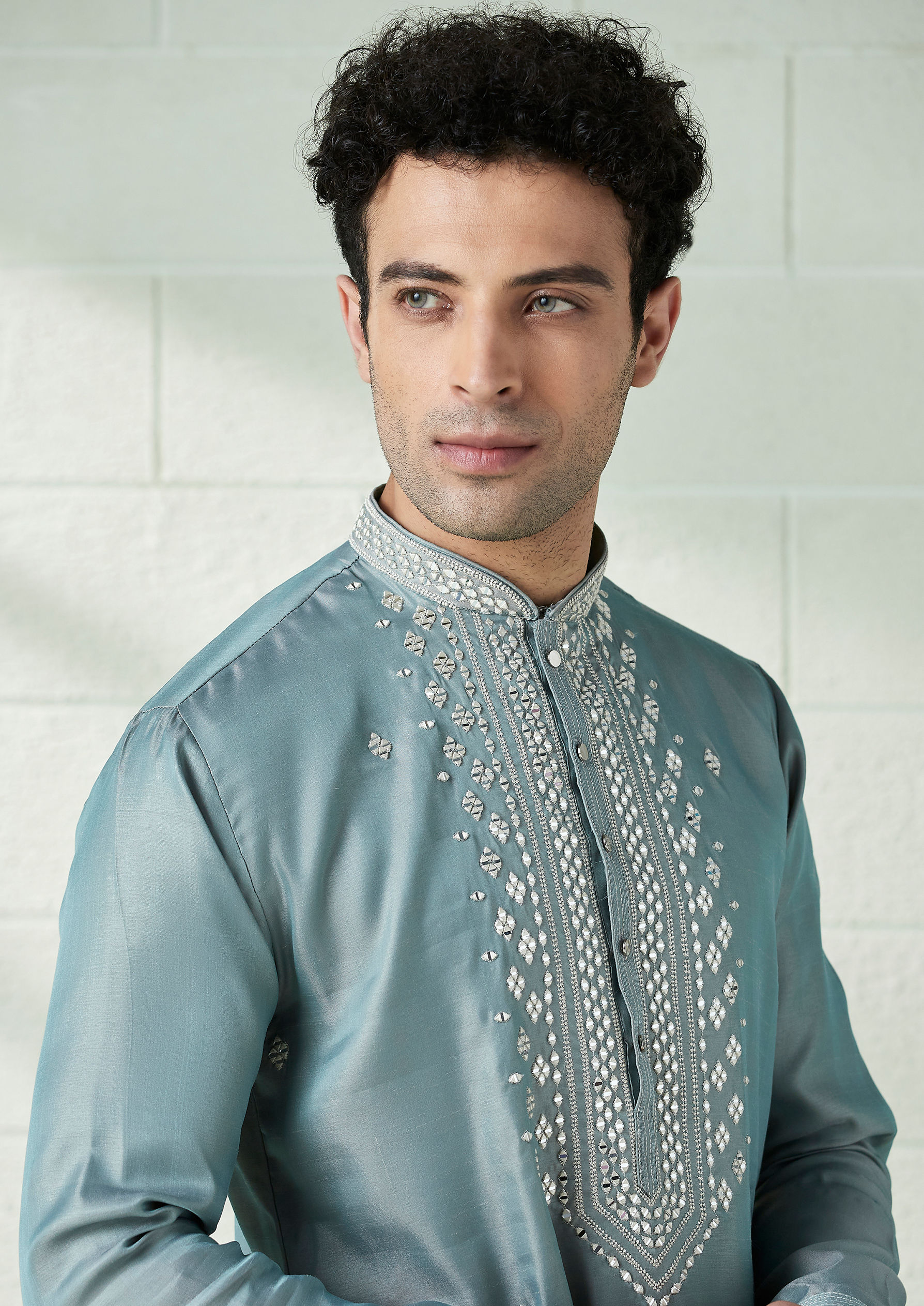Twamev Men Eggshell Blue Mirror Embellished Kurta Set