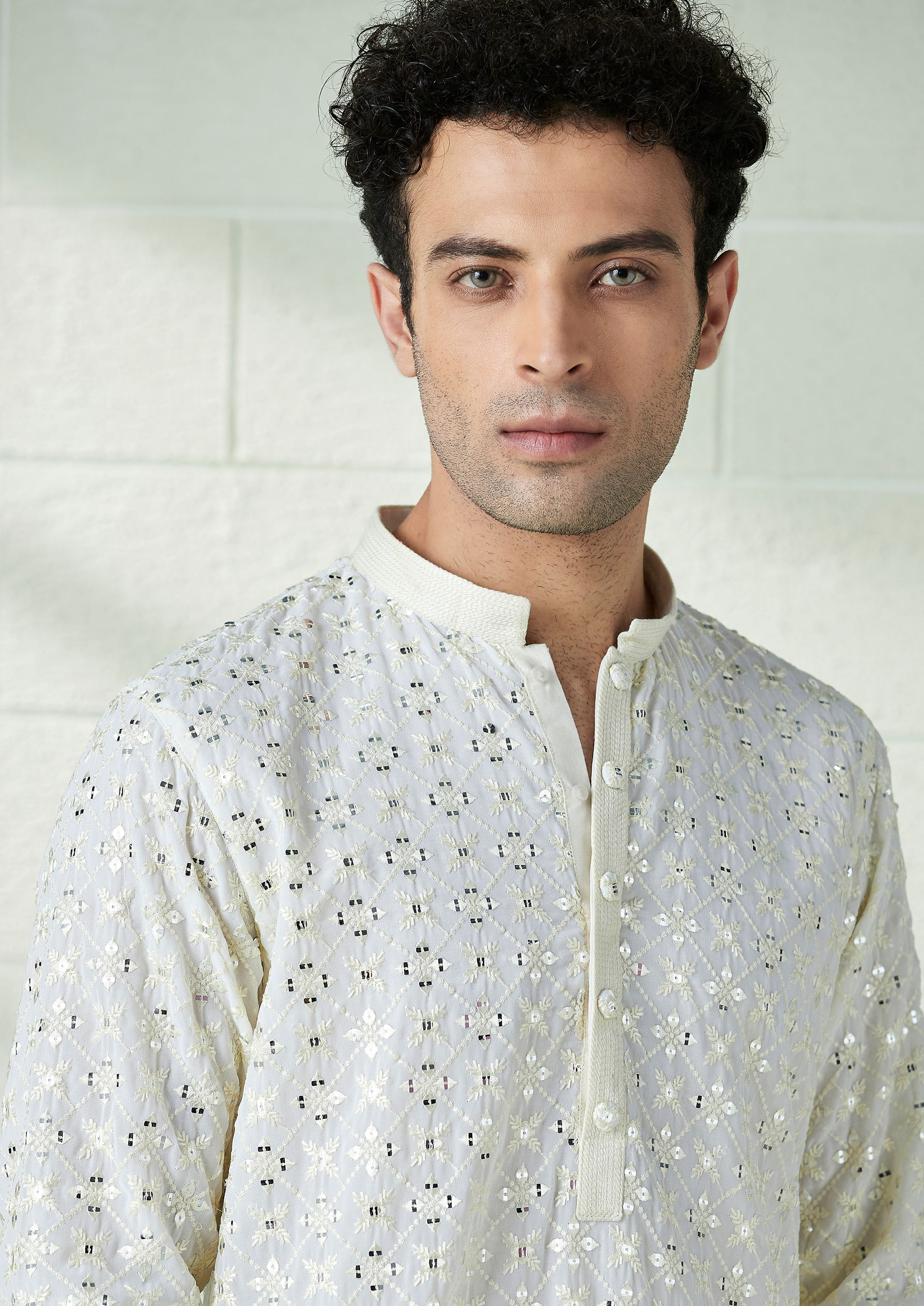 Twamev Men Pearl White Chikankari Embroidered Kurta Set