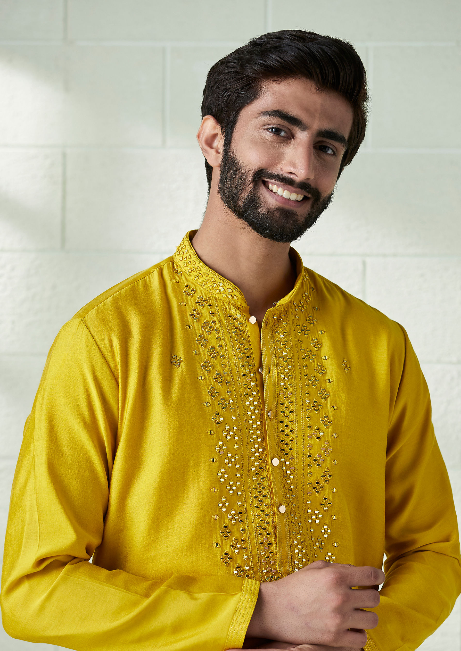 Twamev Men Empire Yellow Mirror Embroidered Kurta Set