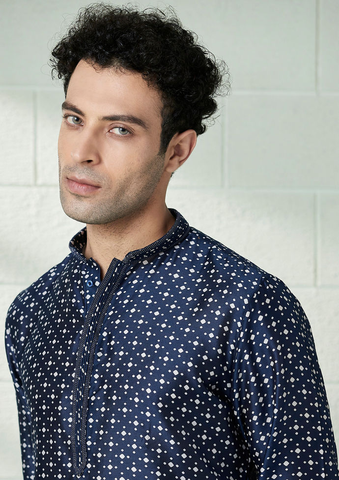 Twamev Men Estate Blue Contrast Print Kurta Set