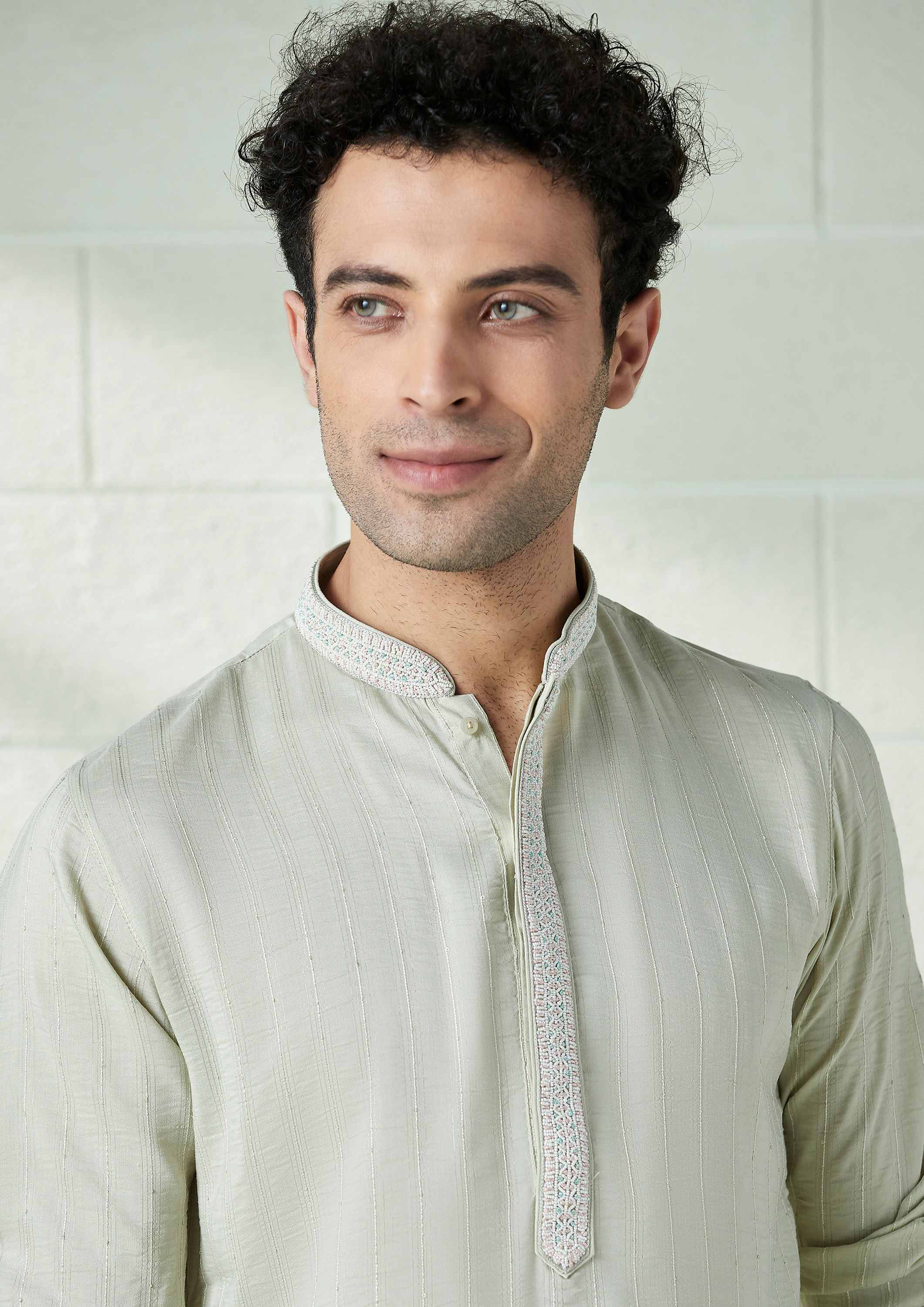 Twamev Men Pistachio Green Jacquard Weave Kurta Set